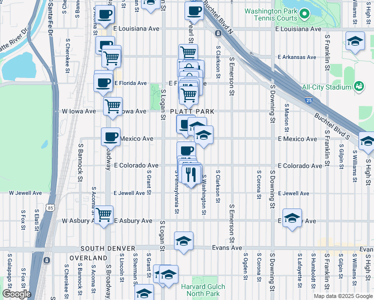 map of restaurants, bars, coffee shops, grocery stores, and more near 1711 South Pearl Street in Denver