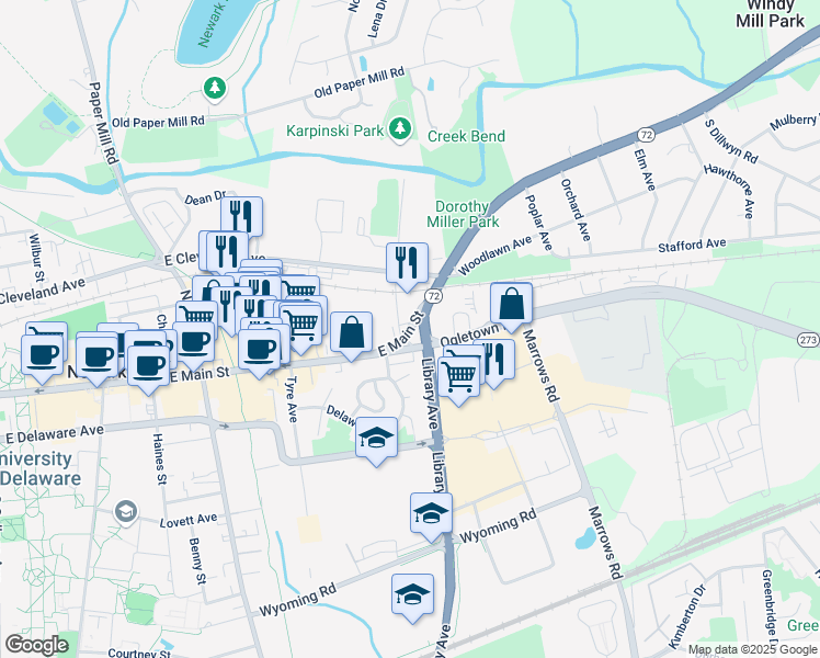 map of restaurants, bars, coffee shops, grocery stores, and more near 334 East Main Street in Newark