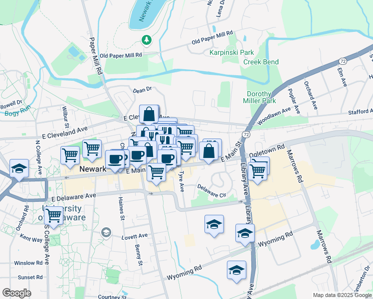 map of restaurants, bars, coffee shops, grocery stores, and more near 280 East Main Street in Newark