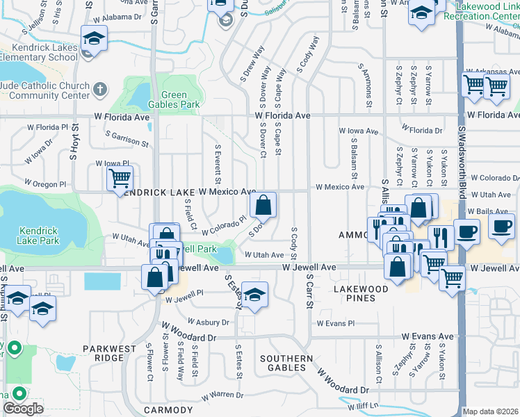 map of restaurants, bars, coffee shops, grocery stores, and more near 1753 S Dover Way in Denver