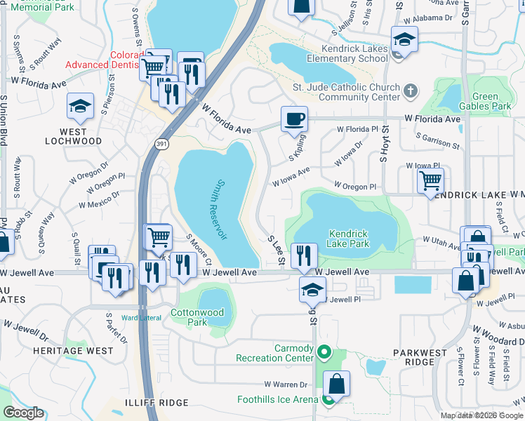 map of restaurants, bars, coffee shops, grocery stores, and more near 1638 South Lee Street in Lakewood