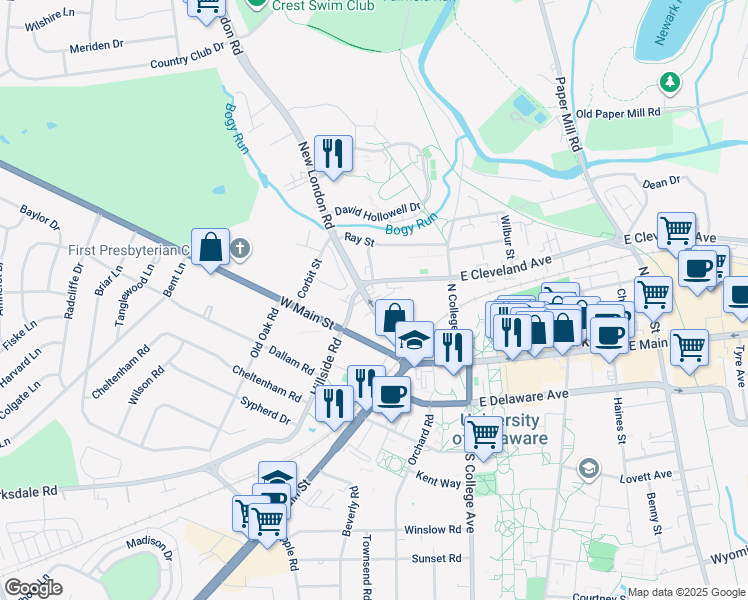 map of restaurants, bars, coffee shops, grocery stores, and more near 62 New London Road in Newark