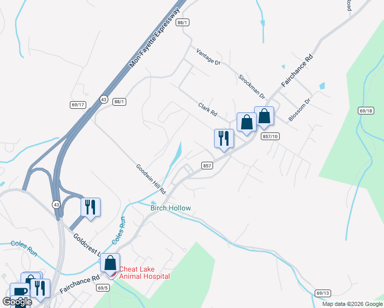 map of restaurants, bars, coffee shops, grocery stores, and more near 1001-5099 Stone Path Lane in Morgantown