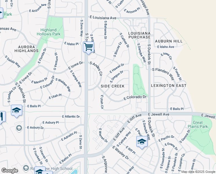 map of restaurants, bars, coffee shops, grocery stores, and more near 18779 East Oregon Drive in Aurora