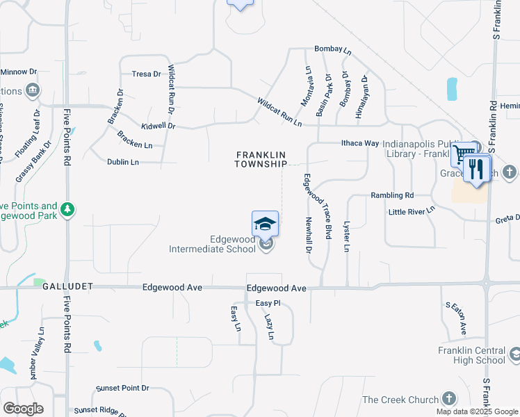 map of restaurants, bars, coffee shops, grocery stores, and more near 7620 East Edgewood Avenue in Indianapolis