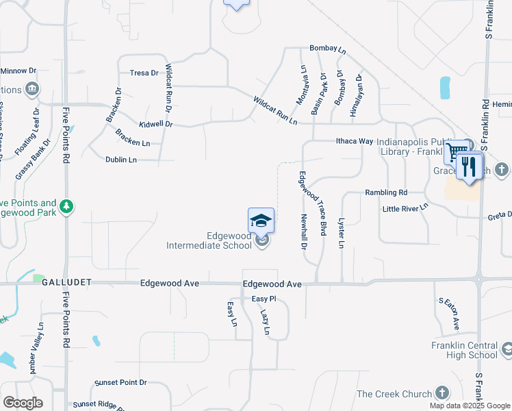 map of restaurants, bars, coffee shops, grocery stores, and more near 7620 East Edgewood Avenue in Indianapolis
