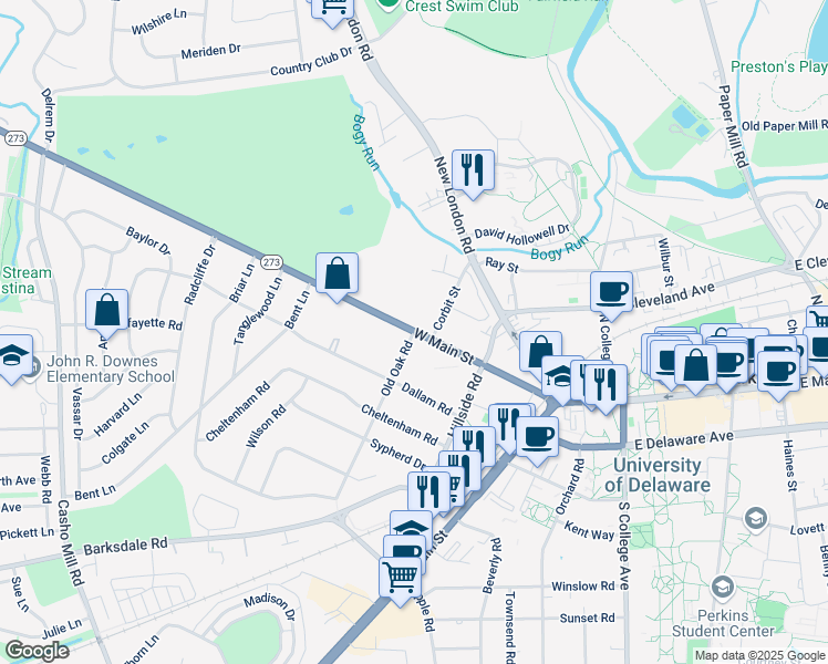 map of restaurants, bars, coffee shops, grocery stores, and more near West Main Street in Newark