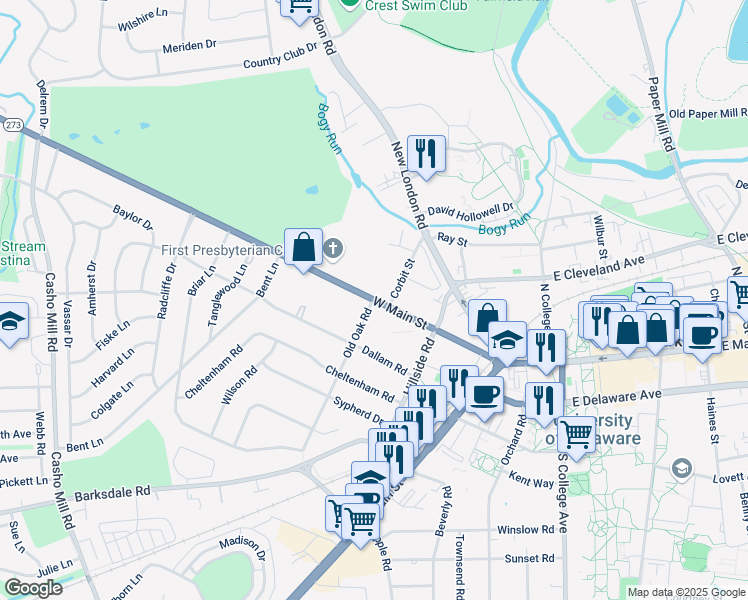 map of restaurants, bars, coffee shops, grocery stores, and more near 222 West Main Street in Newark