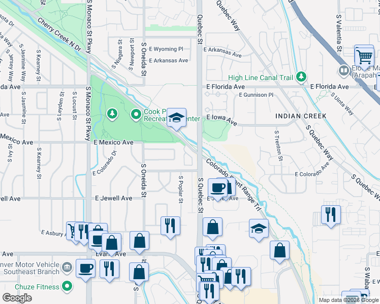 map of restaurants, bars, coffee shops, grocery stores, and more near 1730 South Poplar Street in Denver