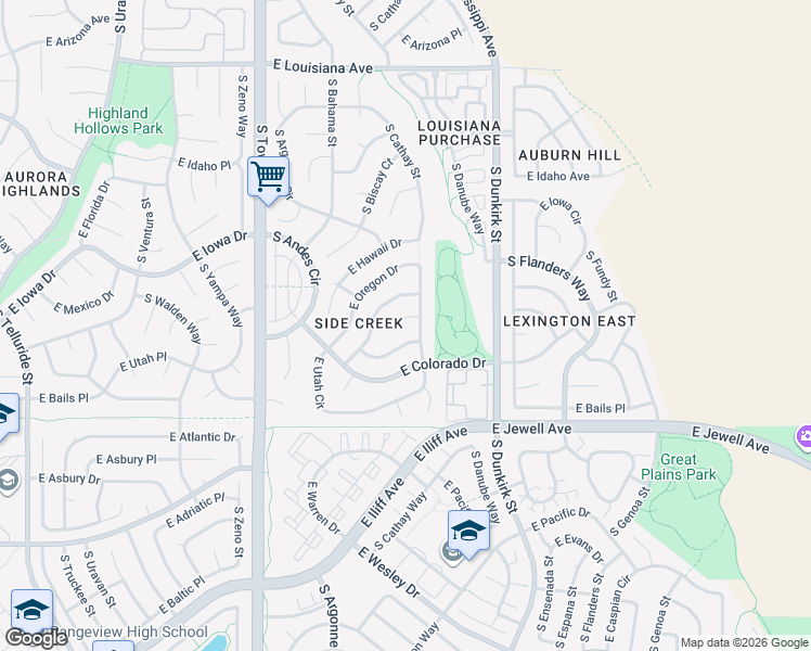 map of restaurants, bars, coffee shops, grocery stores, and more near 1725 South Cathay Street in Aurora