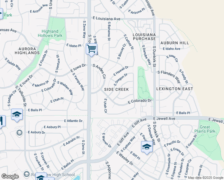 map of restaurants, bars, coffee shops, grocery stores, and more near 18779 East Oregon Drive in Aurora