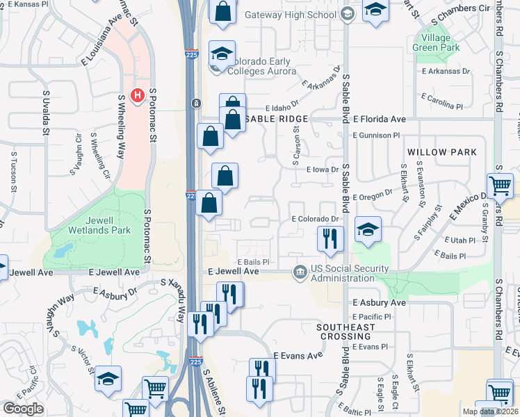 map of restaurants, bars, coffee shops, grocery stores, and more near 1681f East Blackhawk Way in Aurora