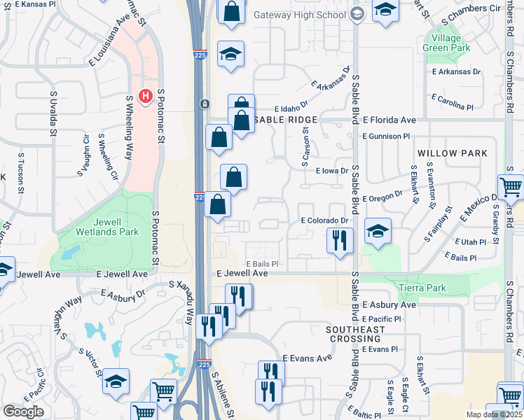 map of restaurants, bars, coffee shops, grocery stores, and more near 1681f East Blackhawk Way in Aurora
