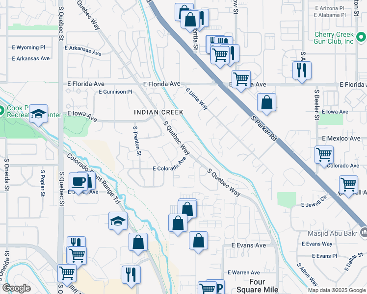 map of restaurants, bars, coffee shops, grocery stores, and more near 1771 South Quebec Way in Denver