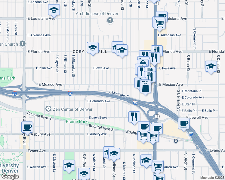map of restaurants, bars, coffee shops, grocery stores, and more near 3410 East Mexico Avenue in Denver