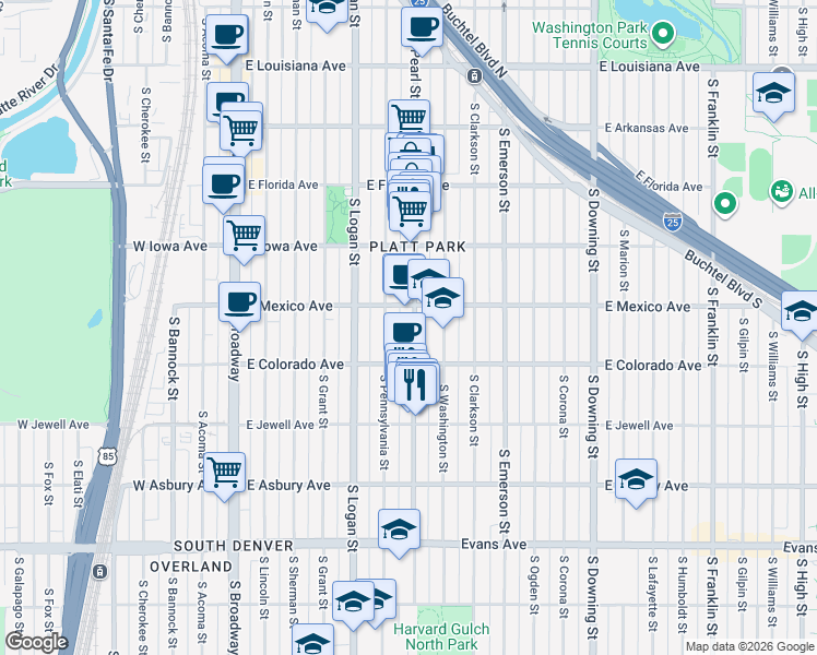 map of restaurants, bars, coffee shops, grocery stores, and more near 1711 South Pearl Street in Denver