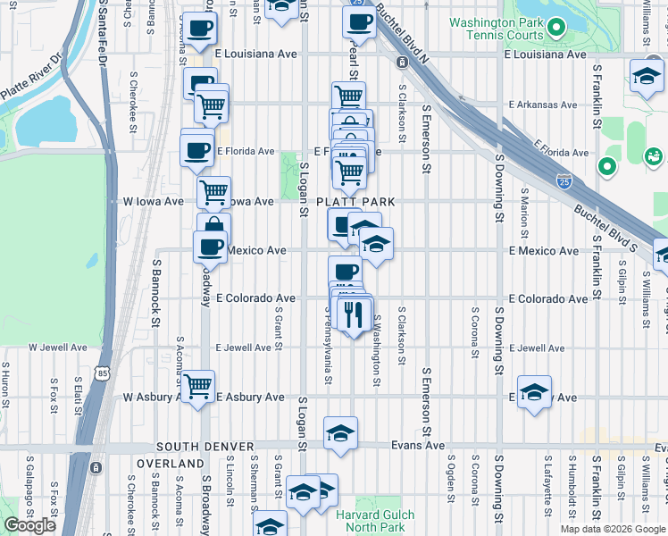 map of restaurants, bars, coffee shops, grocery stores, and more near 1709 South Pennsylvania Street in Denver