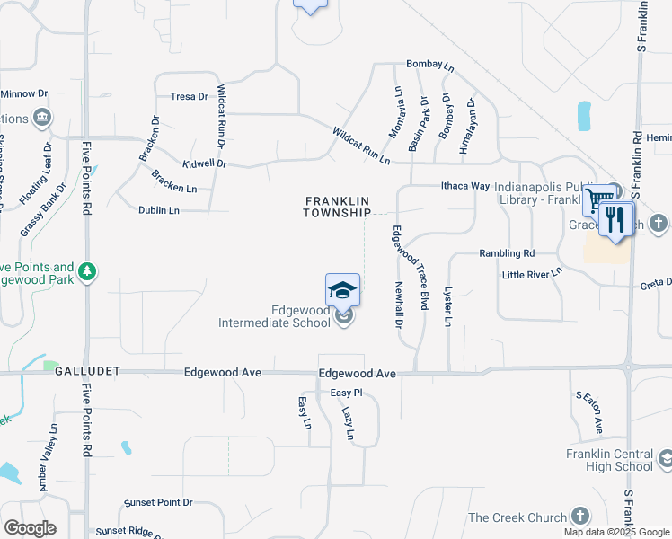 map of restaurants, bars, coffee shops, grocery stores, and more near 7620 East Edgewood Avenue in Indianapolis