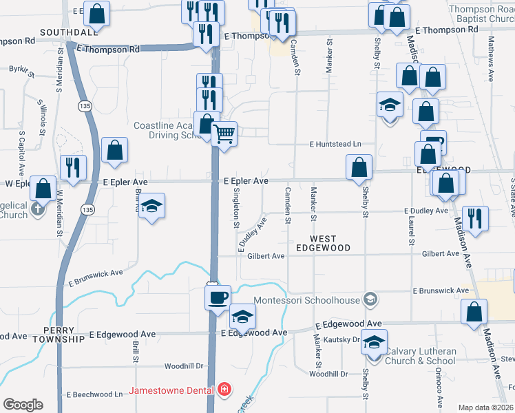 map of restaurants, bars, coffee shops, grocery stores, and more near 5220 Smock Street in Indianapolis