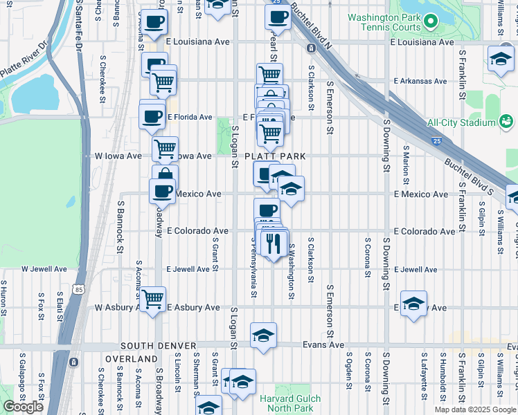 map of restaurants, bars, coffee shops, grocery stores, and more near 1709 South Pennsylvania Street in Denver