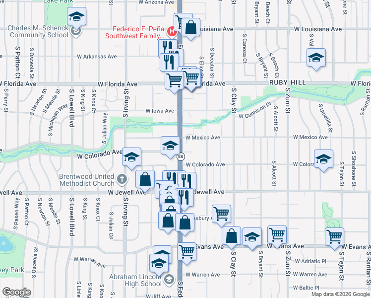 map of restaurants, bars, coffee shops, grocery stores, and more near 1750 South Federal Boulevard in Denver