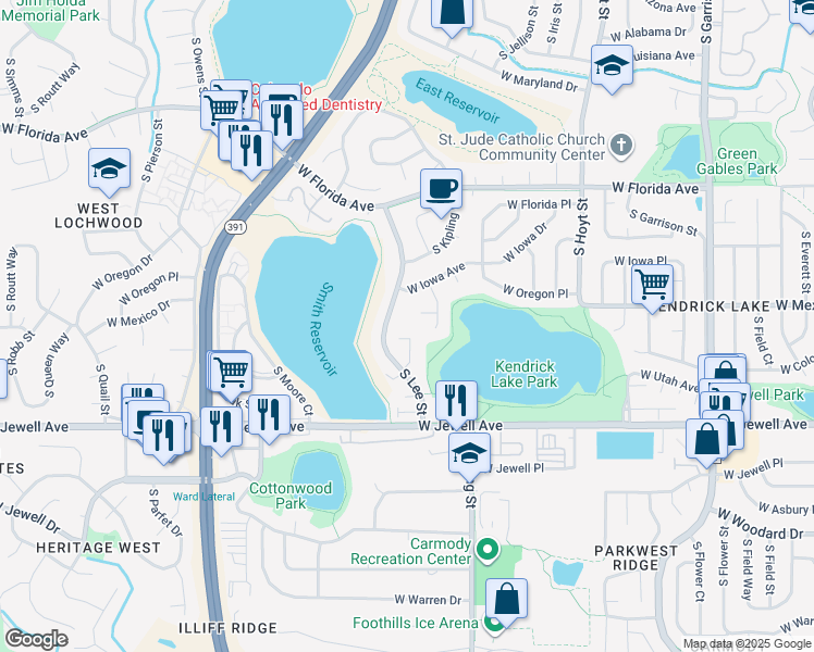 map of restaurants, bars, coffee shops, grocery stores, and more near 1638 South Lee Street in Lakewood