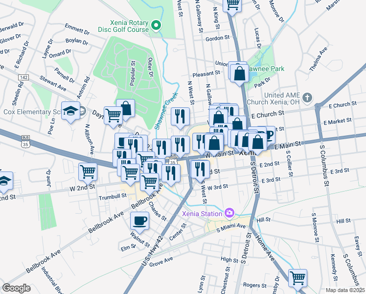 map of restaurants, bars, coffee shops, grocery stores, and more near 406 Church Street in Xenia