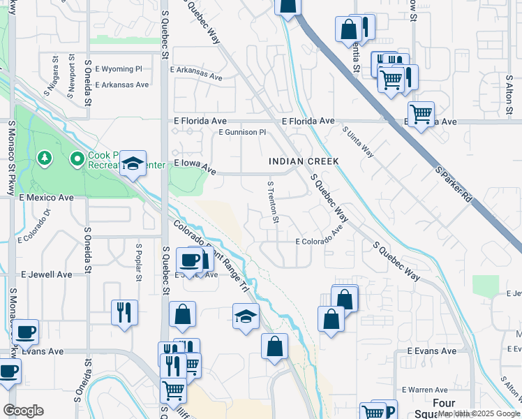 map of restaurants, bars, coffee shops, grocery stores, and more near 1699 South Trenton Street in Denver