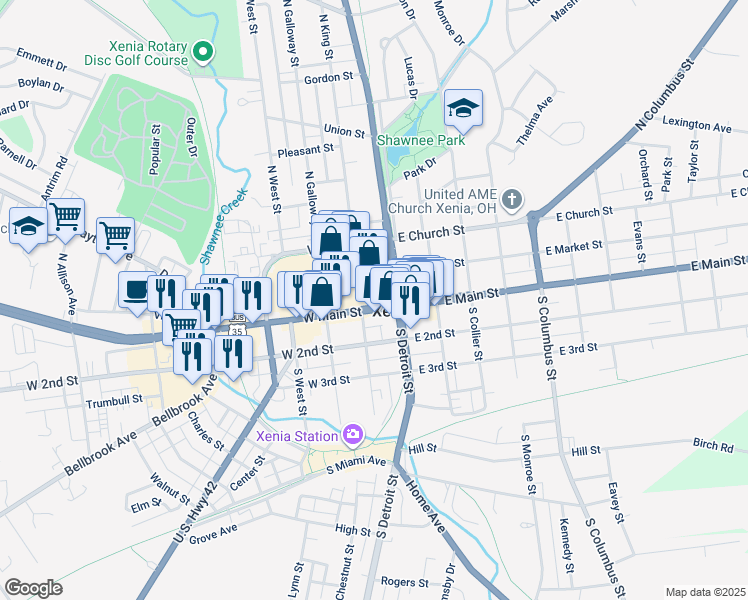 map of restaurants, bars, coffee shops, grocery stores, and more near 76 Xenia Towne Square in Xenia