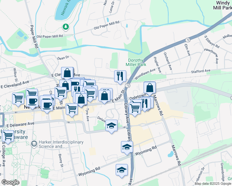 map of restaurants, bars, coffee shops, grocery stores, and more near 334 East Main Street in Newark
