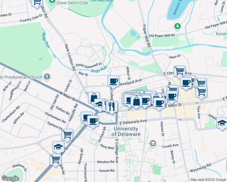 map of restaurants, bars, coffee shops, grocery stores, and more near 60 North College Avenue in Newark