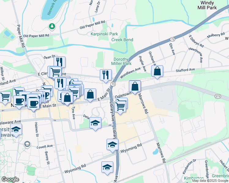 map of restaurants, bars, coffee shops, grocery stores, and more near 402 Delaware 273 in Newark