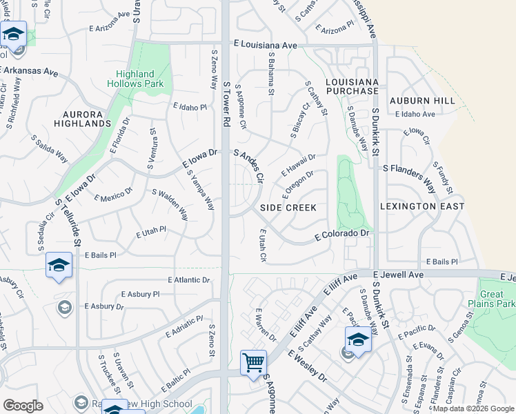 map of restaurants, bars, coffee shops, grocery stores, and more near 18609 East Colorado Drive in Aurora