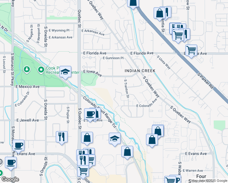 map of restaurants, bars, coffee shops, grocery stores, and more near 1675 South Syracuse Street in Denver