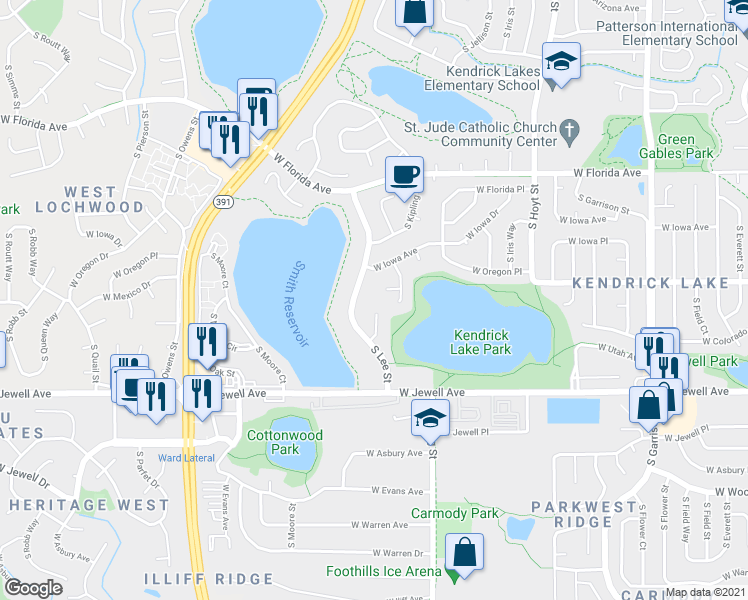 map of restaurants, bars, coffee shops, grocery stores, and more near 1638 South Lee Street in Lakewood