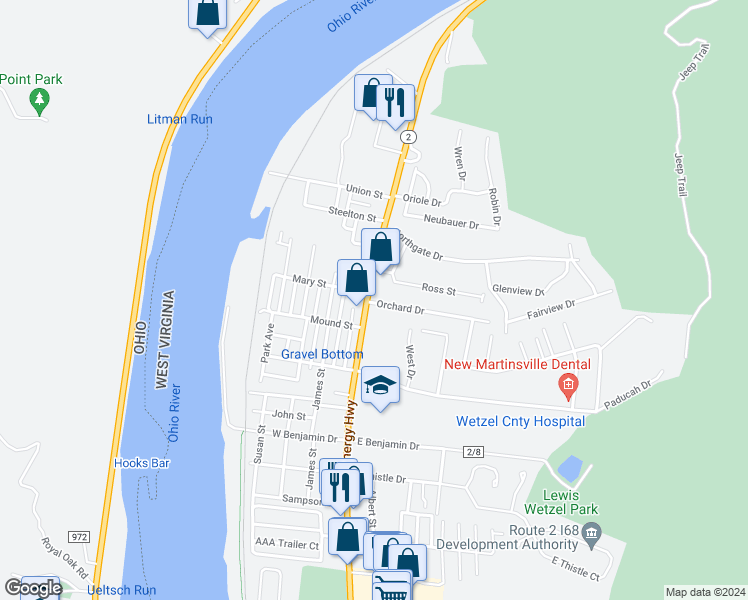 map of restaurants, bars, coffee shops, grocery stores, and more near 11 Ross Street in New Martinsville