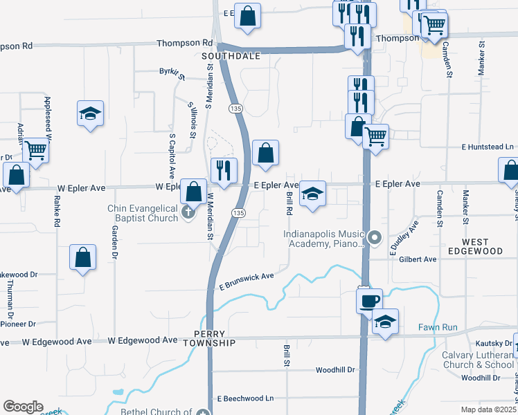 map of restaurants, bars, coffee shops, grocery stores, and more near 5522 Rue Royale in Indianapolis