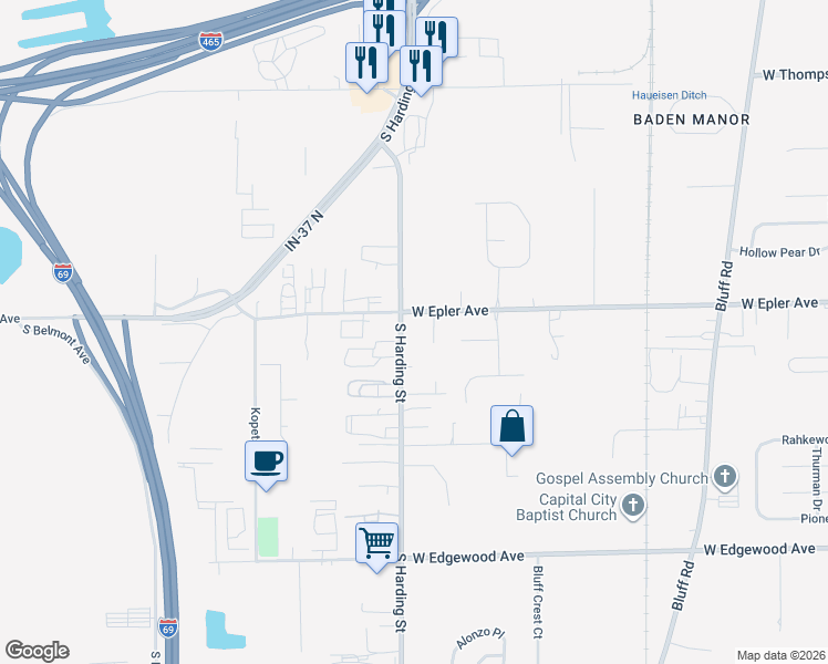 map of restaurants, bars, coffee shops, grocery stores, and more near 5501 South Harding Street in Indianapolis