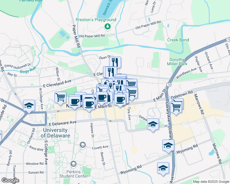 map of restaurants, bars, coffee shops, grocery stores, and more near 250 East Main Street in Newark