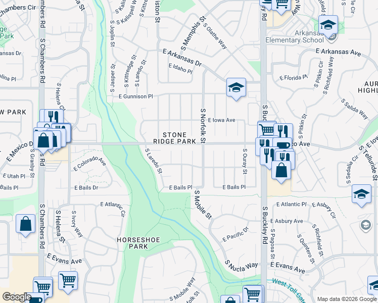 map of restaurants, bars, coffee shops, grocery stores, and more near in Aurora