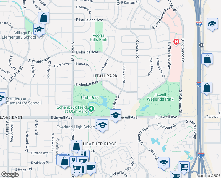 map of restaurants, bars, coffee shops, grocery stores, and more near 12887 East Mexico Avenue in Aurora