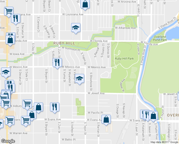 map of restaurants, bars, coffee shops, grocery stores, and more near 1735 South Shoshone Street in Denver