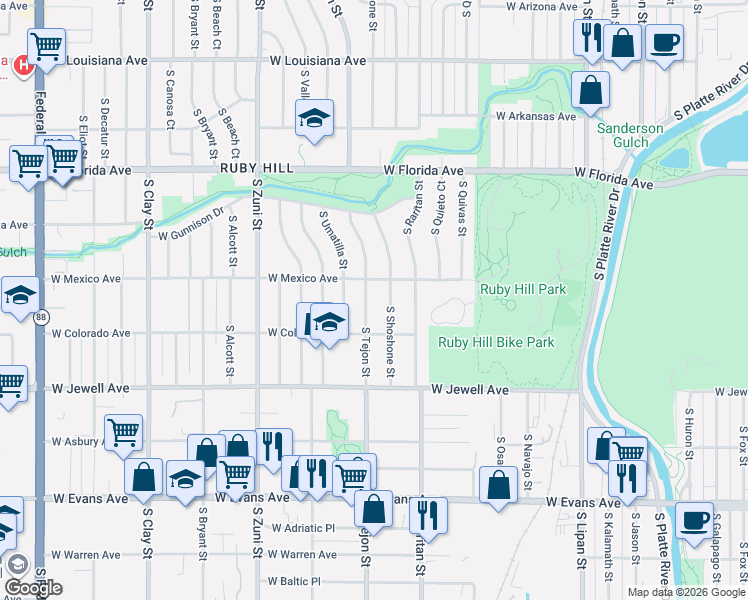 map of restaurants, bars, coffee shops, grocery stores, and more near 1725 South Shoshone Street in Denver
