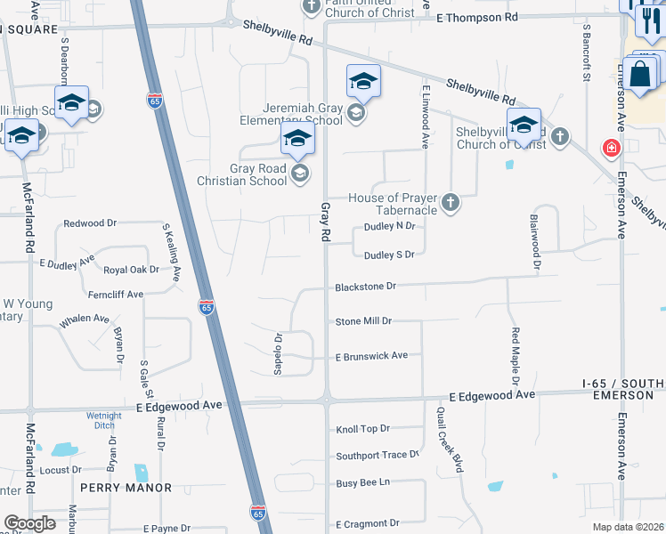 map of restaurants, bars, coffee shops, grocery stores, and more near 5612 Gray Road in Indianapolis