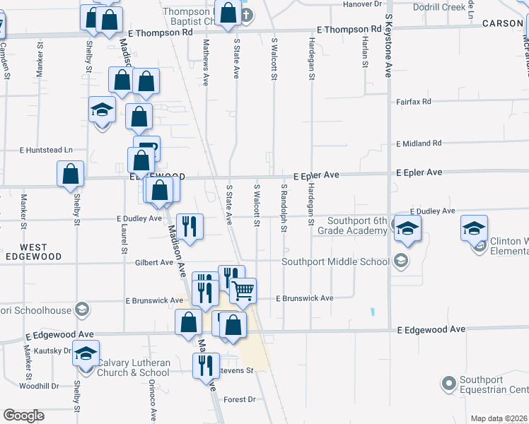 map of restaurants, bars, coffee shops, grocery stores, and more near 5575 South Walcott Street in Indianapolis