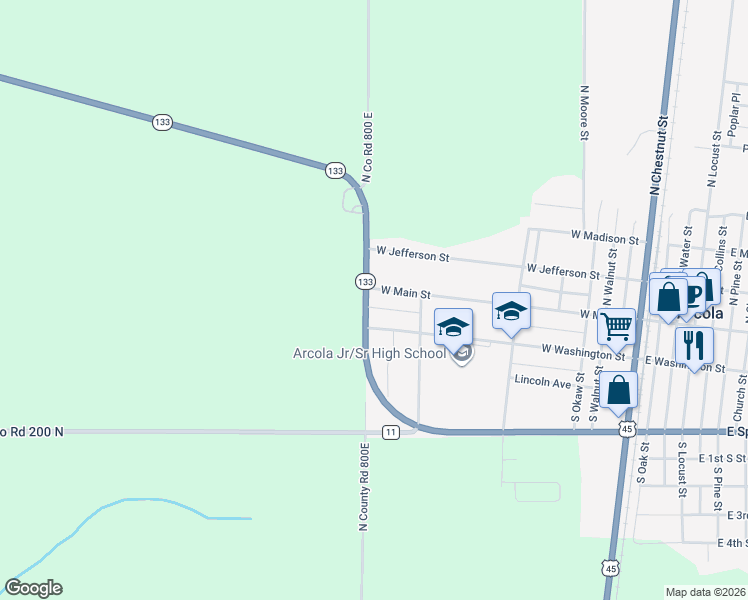 map of restaurants, bars, coffee shops, grocery stores, and more near 441 West Main Street in Arcola