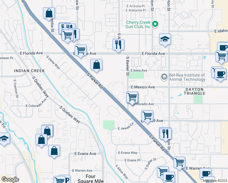 map of restaurants, bars, coffee shops, grocery stores, and more near 1752 South Parker Road in Denver