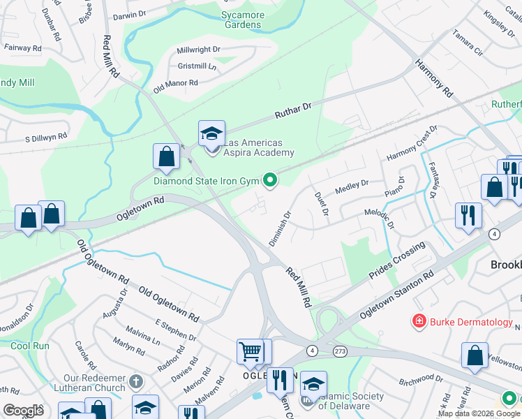 map of restaurants, bars, coffee shops, grocery stores, and more near 9 Mill Park Court in Newark