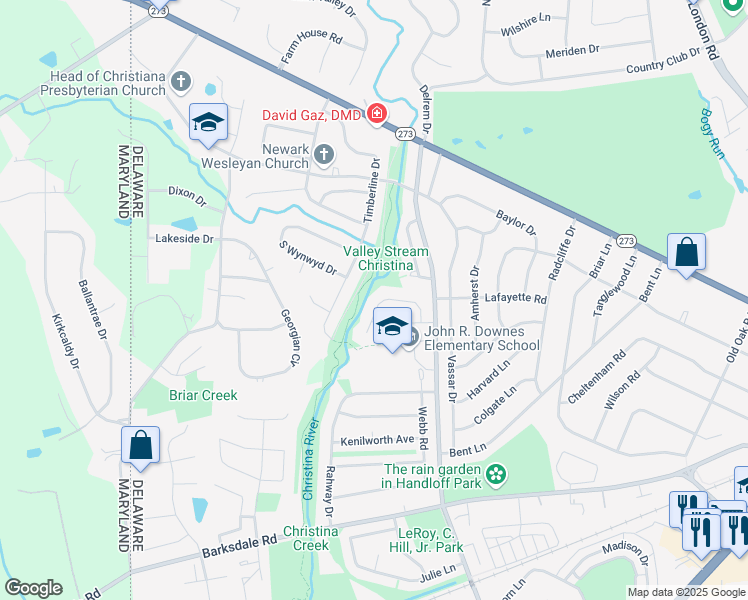 map of restaurants, bars, coffee shops, grocery stores, and more near 922 Quail Lane in Newark