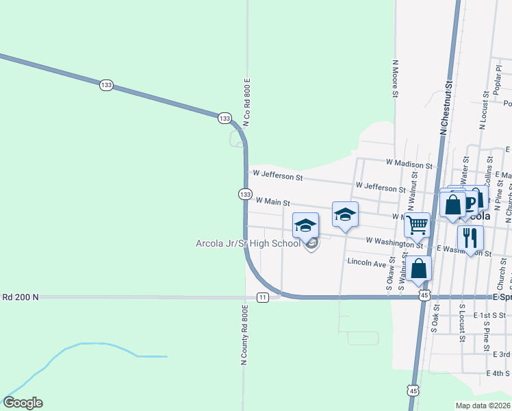 map of restaurants, bars, coffee shops, grocery stores, and more near 441 West Main Street in Arcola